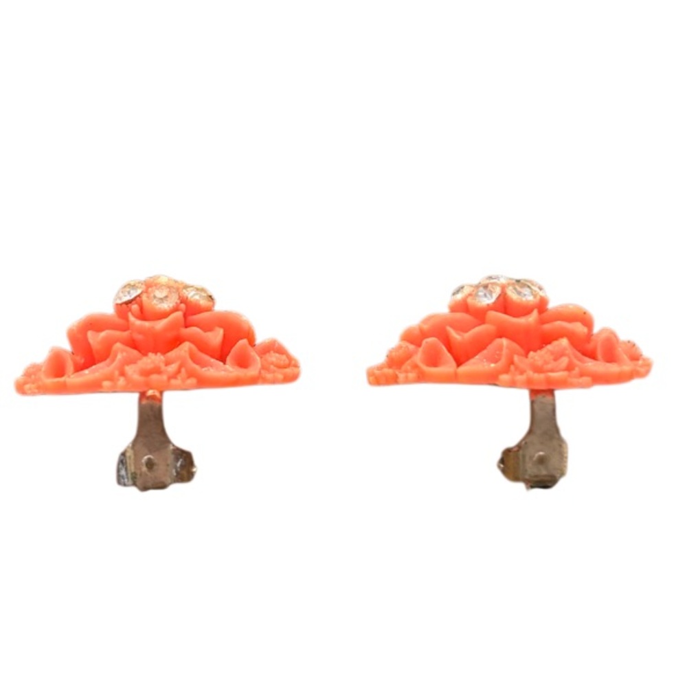 Vintage Earrings Clip On Coral Celluloid Flower Victorian MCM Vintage Jewelry - Picture 10 of 15